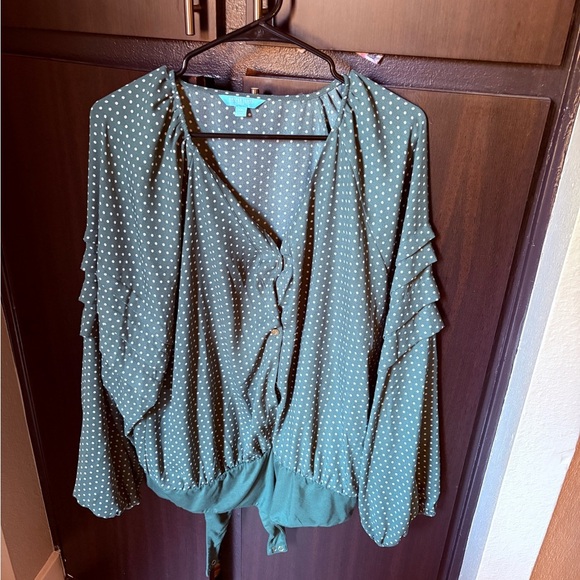 Draper James Teal Polka Dot Ruffle Blouse - Picture 1 of 4